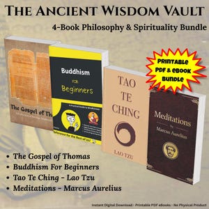 Puede incluir: Un conjunto de cuatro libros sobre filosofía y espiritualidad. Los títulos incluyen "El Evangelio de Tomás", "Budismo para principiantes", "Tao Te King" y "Meditaciones de Marco Aurelio". También incluye el texto "Paquete PDF y eBook imprimible".