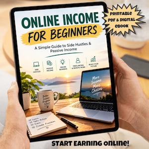 Pode incluir: Um tablet digital exibindo a capa de um ebook intitulada Online Income for Beginners, A Simple Guide to Side Hustles & Passive Income. A capa apresenta ícones, uma paisagem ao pôr do sol, uma caneca, um laptop e um bloco de notas.
