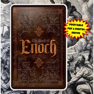 May include: A digital ebook cover for "The Book of Enoch" with a brown leather-like texture and ornate embossed designs. The title is in gold lettering. A yellow burst graphic indicates a printable PDF and digital ebook.