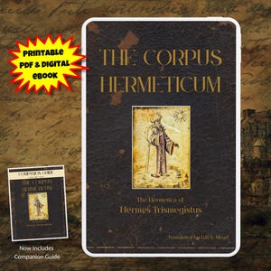 Puede incluir: Portada digital de un libro electrónico de "The Corpus Hermeticum" con un fondo texturizado marrón oscuro y letras doradas. La portada presenta una ilustración de una figura vestida con una túnica y el texto "PDF imprimible y libro electrónico digital". También es visible una guía de acompañamiento más pequeña.