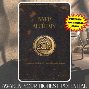 May include: A book cover with the title "INNER ALCHEMY" in gold lettering. The cover is dark brown with a gold emblem and the text "A Hermetic Guide to Personal Transformation". A yellow starburst graphic reads "PRINTABLE PDF & DIGITAL eBook". The bottom text reads "AWAKEN YOUR HIGHEST POTENTIAL".
