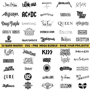 May include: A black and white graphic displaying the logos of 50 rock bands, such as AC/DC, The Beatles, and Pink Floyd. The text "50 BAND NAMES - SVG + PNG MEGA BUNDLE - ROCK YOUR PROJECTS!" is also included.