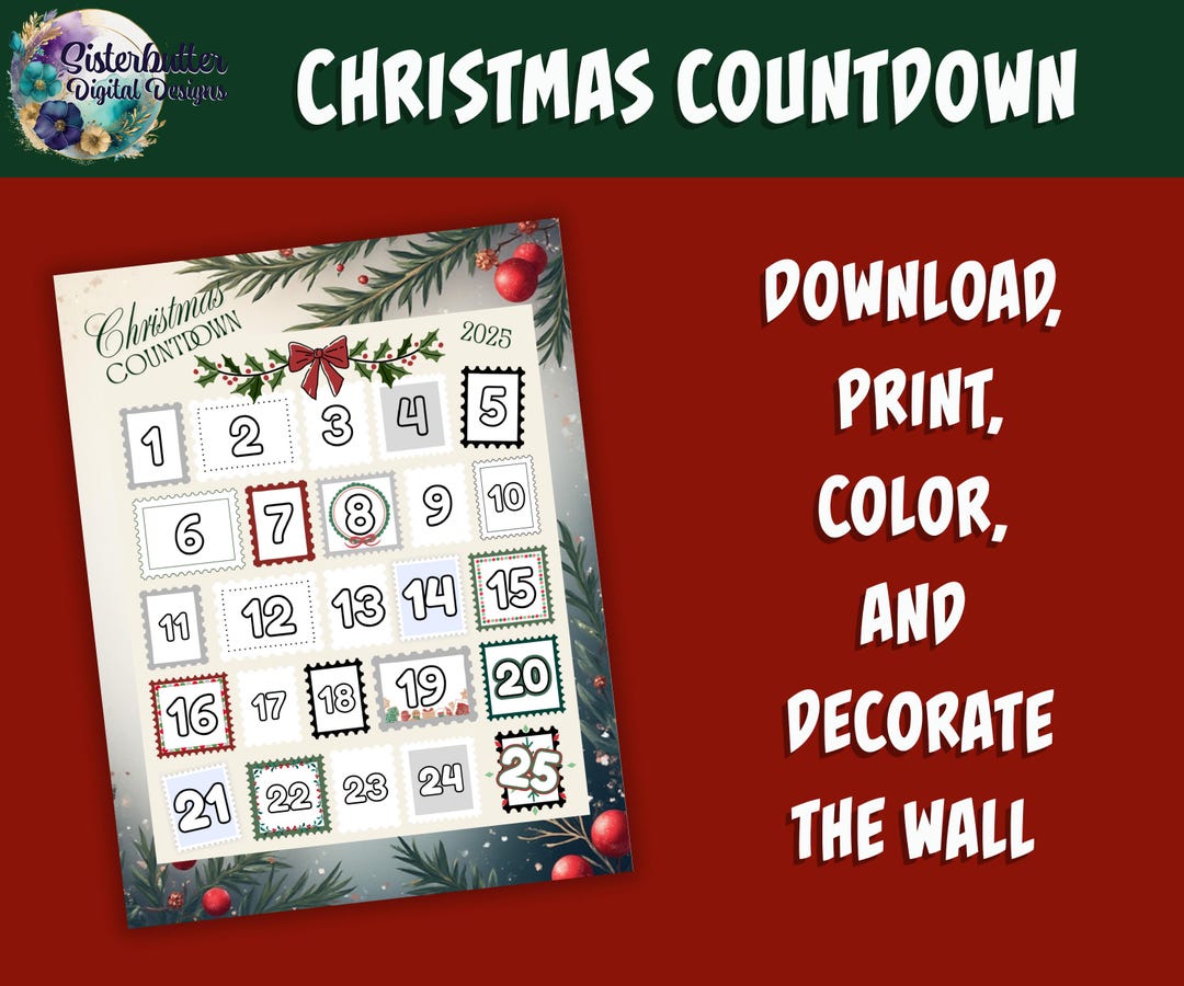 Printable Christmas Countdown | Advent Coloring Page Digital Download ...