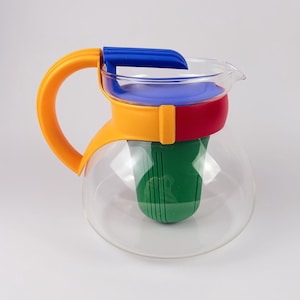 Vintage Glass Teapot with Strainer – Geldo 1980s Memphis Style – Colorful German Teapot