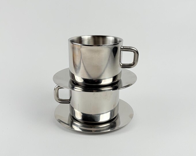Vintage Inox Stainless Steel Coffee Cups With Saucers - Retro Espresso ...