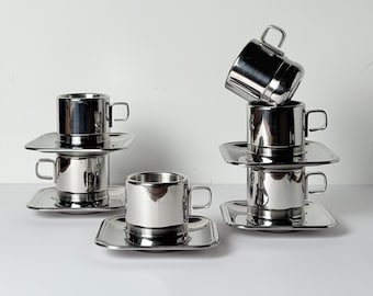Juego de tazas de espresso Zini vintage: servicio de café de acero inoxidable de estilo modernista italiano