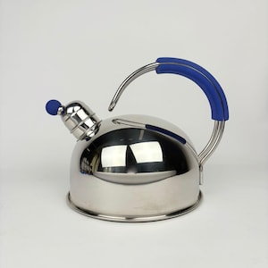 Vintage 80s Italian Stainless Steel Kettle with Blue Accents and Matching Serving Tray