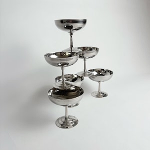 Vintage Remy Letang Dessert Coupes – Set of 6 Stainless Steel French Bistro Cups – 1970s Parisian Café Style Ice Cream Bowls