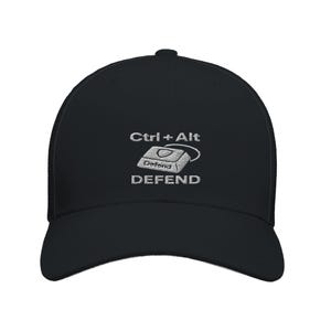 CTRL + ALT + DEFEND // Cybersecurity Trucker Hat – Embroidered Cap | Ethical Hacker Gift | Flexfit 6511 Black
