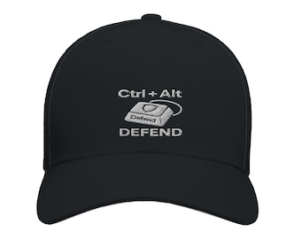 CTRL + ALT + DEFEND // Cybersecurity Trucker Hat – Embroidered Cap | Ethical Hacker Gift | Flexfit 6511 Black