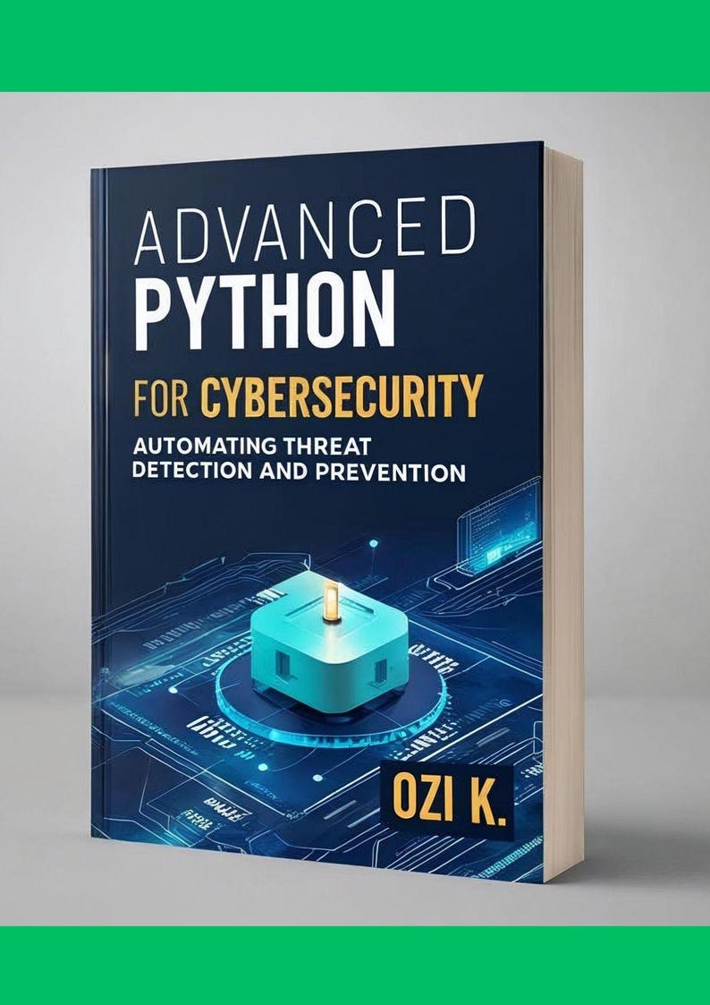 Peut inclure: Livre intitul&eacute; "ADVANCED PYTHON FOR CYBERSECURITY" avec le sous-titre "AUTOMATING THREAT DETECTION AND PREVENTION". La couverture est bleu fonc&eacute; avec du texte blanc et dor&eacute;. Un graphique 3D turquoise d'un centre de donn&eacute;es est pr&eacute;sent&eacute;.