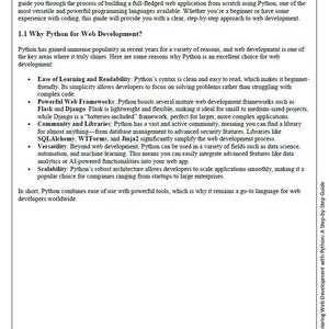 May include: A page from a book titled "Mastering Web Development with Python: A Step-by-Step Guide". The page discusses the benefits of using Python for web development, including its ease of learning, powerful web frameworks, and large community.