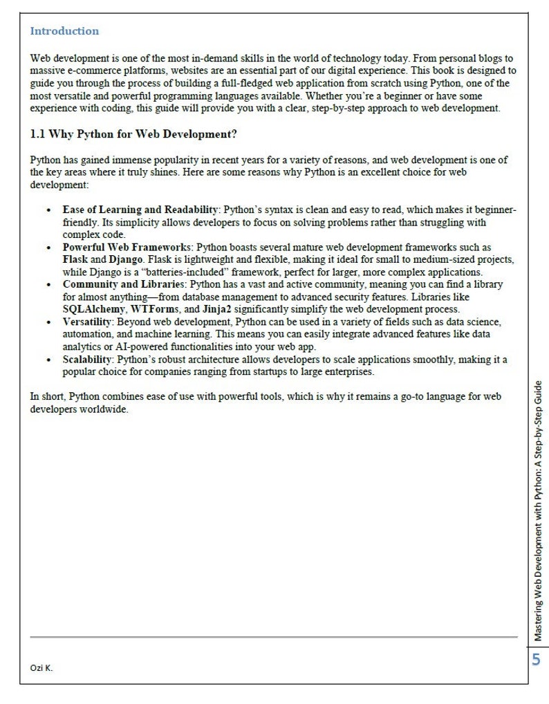 May include: A page from a book titled "Mastering Web Development with Python: A Step-by-Step Guide". The page discusses the benefits of using Python for web development, including its ease of learning, powerful web frameworks, and large community.
