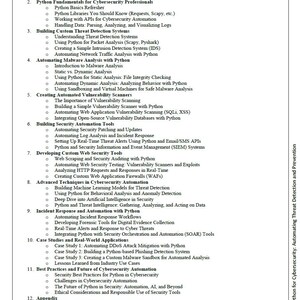 Peut inclure: Table des mati&egrave;res d'un livre intitul&eacute; "Advanced Python for Cybersecurity: Automating Threat Detection and Prevention". Le document &eacute;num&egrave;re divers sujets, notamment les bases de Python, l'analyse des logiciels malveillants et les outils d'automatisation de la s&eacute;curit&eacute;.