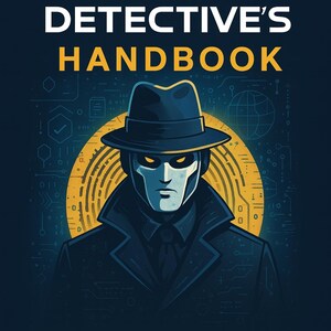 Könnte beinhalten: Buchcover für "The Digital Detective's Handbook" mit einer stilisierten Illustration eines Detektivs mit Hut und Trenchcoat. Der Titel steht in großen weißen Buchstaben, der Name des Autors, Ozi K., steht unten. Der Hintergrund ist dunkelblau.