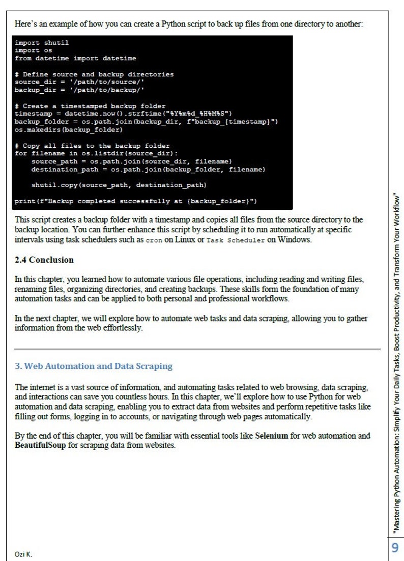 Puede incluir: Una captura de pantalla de un fragmento de c&oacute;digo Python que muestra c&oacute;mo crear una carpeta de respaldo con una marca de tiempo y copiar archivos de un directorio a otro. El c&oacute;digo incluye comentarios que explican cada paso del proceso.