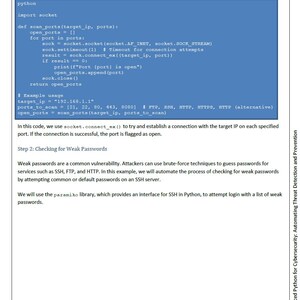 Peut inclure: Une page d'un manuel de cybers&eacute;curit&eacute; avec des exemples de code Python pour scanner les ports ouverts et v&eacute;rifier les mots de passe faibles. Le texte comprend des extraits de code et des explications, avec le titre "&Eacute;tape 1 : Analyse des ports ouverts".