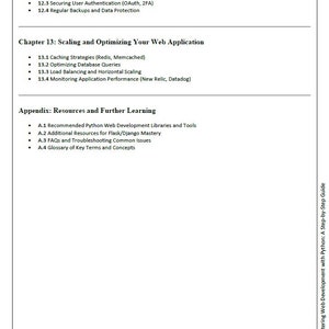May include: A black and white page with text outlining the chapters of a book on web application security and optimization. The chapters include "Web Application Security Best Practices", "Scaling and Optimizing Your Web Application", and "Resources and Further Learning".