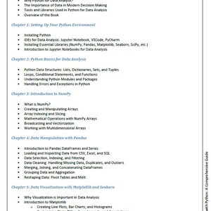 May include: Table of contents for a book titled "Data Analysis with Python: A Comprehensive Guide". The book covers topics such as setting up a Python environment, Python basics for data analysis, NumPy, Pandas, and data visualization with Matplotlib and Seaborn.