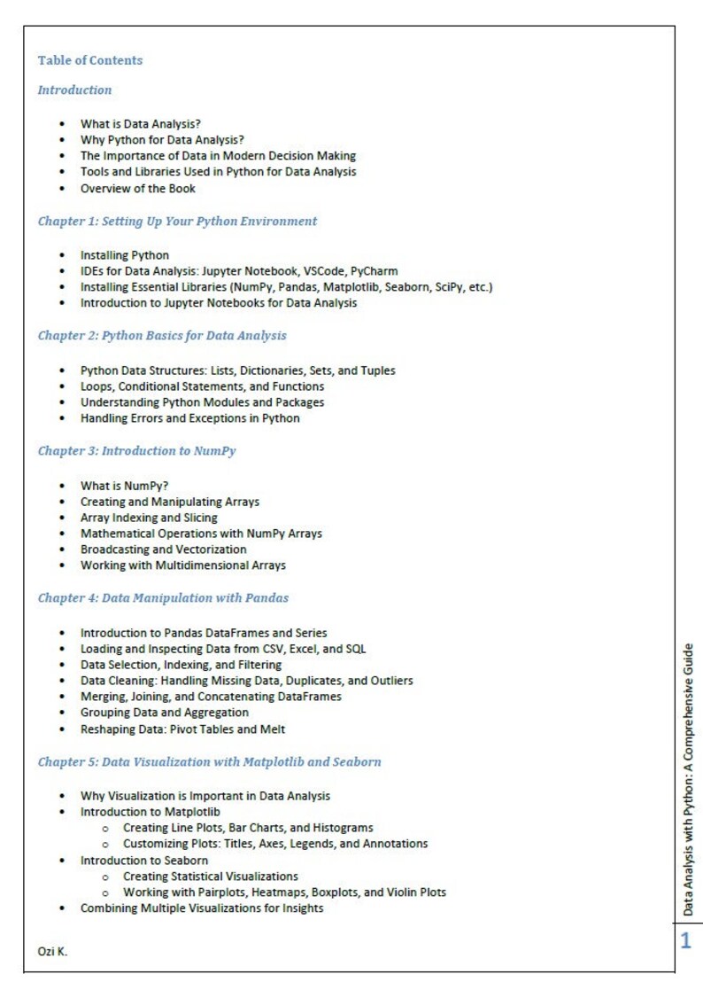May include: Table of contents for a book titled "Data Analysis with Python: A Comprehensive Guide". The book covers topics such as setting up a Python environment, Python basics for data analysis, NumPy, Pandas, and data visualization with Matplotlib and Seaborn.