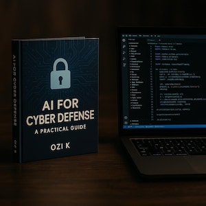 Może przedstawiać: Książka w ciemnoniebieskim kolorze z ikoną kłódki na okładce. Tytuł książki to "AI for Cyber Defense: A Practical Guide" autorstwa Ozi K.