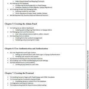 May include: A page from a book titled "Mastering Web Development with Python: A Step-by-Step Guide". The page contains a table of contents with chapters on database integration, creating an admin panel, user authentication and authorization, and creating the frontend.