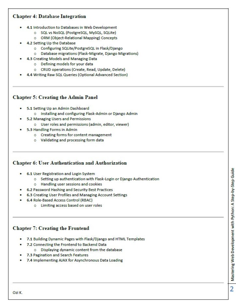 May include: A page from a book titled "Mastering Web Development with Python: A Step-by-Step Guide". The page contains a table of contents with chapters on database integration, creating an admin panel, user authentication and authorization, and creating the frontend.