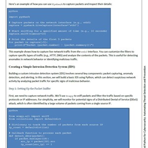 Peut inclure: Une page d'un guide de cybers&eacute;curit&eacute;, d&eacute;taillant le code Python pour l'analyse des paquets r&eacute;seau &agrave; l'aide de Pyshark et Scapy. Le texte explique les syst&egrave;mes de d&eacute;tection d'intrusion et la d&eacute;tection des attaques DDoS, avec des extraits de code.