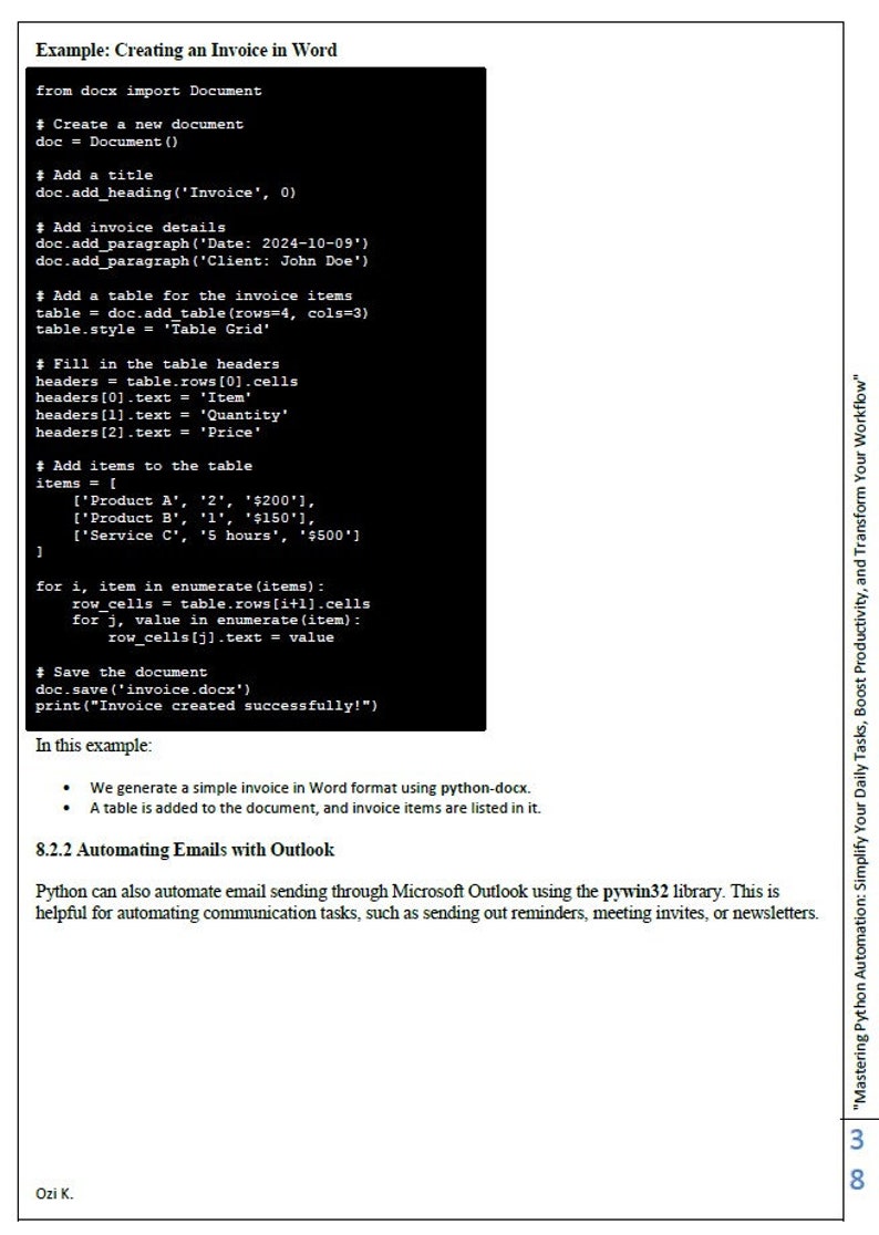 Puede incluir: Un fragmento de c&oacute;digo en blanco y negro que demuestra c&oacute;mo crear una factura en Microsoft Word usando Python. El c&oacute;digo incluye comentarios que explican cada paso del proceso, como agregar un t&iacute;tulo, detalles de la factura y una tabla para los art&iacute;culos de la factura.
