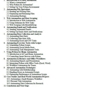 Puede incluir: Una tabla de contenido para un libro o curso sobre automatizaci&oacute;n de Python. La tabla enumera temas como la automatizaci&oacute;n web, el raspado de datos, la automatizaci&oacute;n de correo electr&oacute;nico y la automatizaci&oacute;n del hogar.