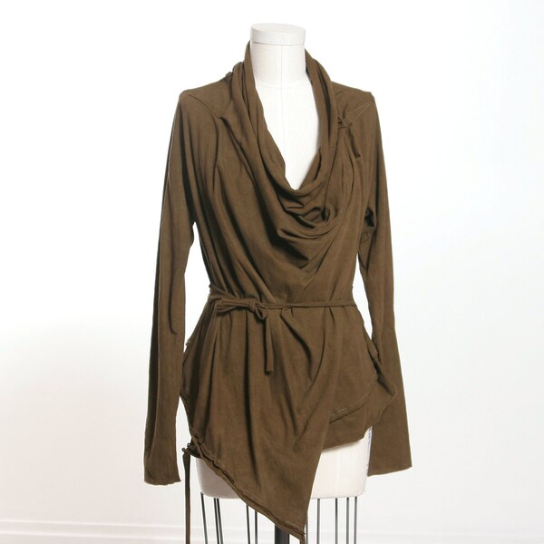 Ten Tie Wrap Top - Olive Long Sleeve Convertible Drape Cardigan