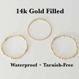 14k Gold Bracelet Stack, 3 Piece Set, Gold Filled Bracelet, Waterproof, Luxury, Gold Beaded Bracelets, Jewelry Gift, Pearl Accessory