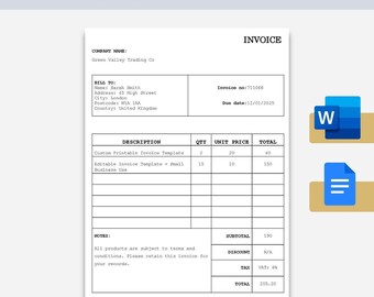 Minimalistische Rechnungsvorlage - Bearbeitbare Rechnung für kleine Unternehmen - Word und Google Docs - Zahlungsvorlage - Druckbares Rechnungsformular