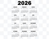 2026 Calendar PNG: Transparent Background, Sunday/Monday Start (Instant Download)