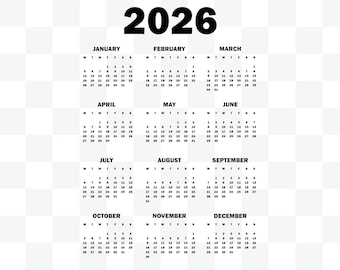 2026 Calendar PNG: Transparent Background, Sunday/Monday Start (Instant Download)