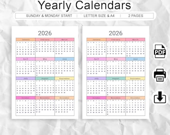 2026 Calendar PDF, Colorful Printable Wall Calendar, A4 & Letter Size, Monday | Sunday Start