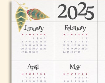 2025年カレンダー 2025年年間カレンダー 印刷可能なPDF 2025年リーフデザイン年間カレンダー 2025年壁掛けカレンダー A4、レターサイズ 月曜日と日曜日開始