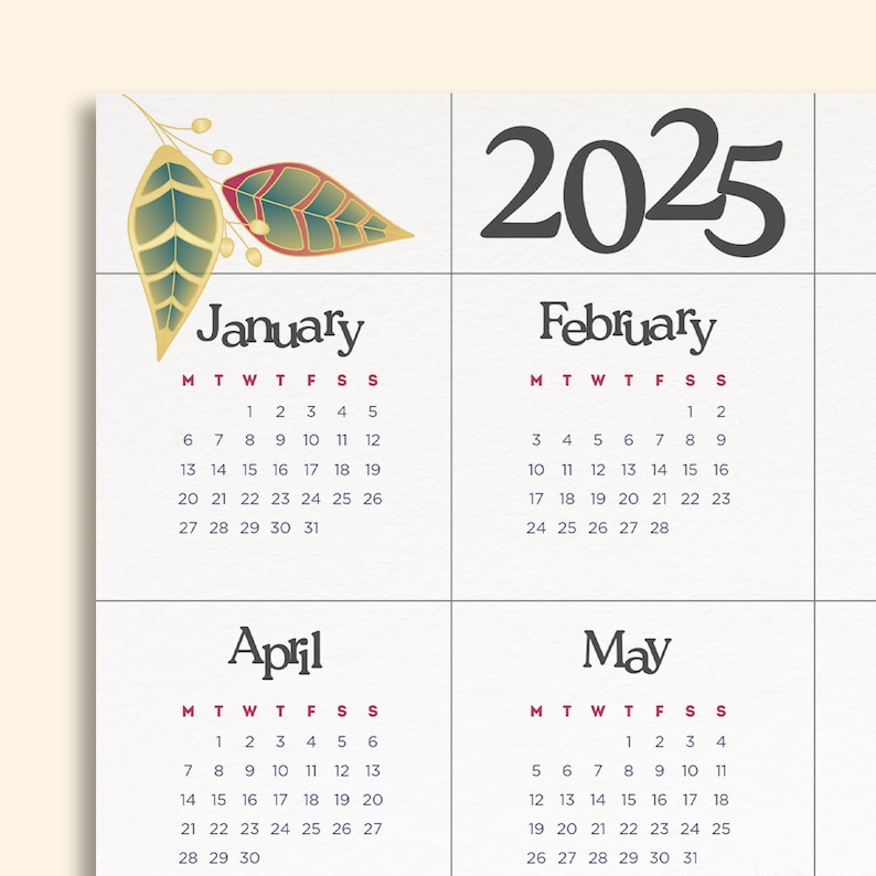 2025 Calendar 2025 Yearly Calendar Printable PDF 2025 Leaf Design
