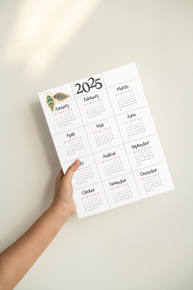 2025 Calendar 2025 Yearly Calendar Printable PDF 2025 Leaf Design Yearly Calendar 2025 Wall