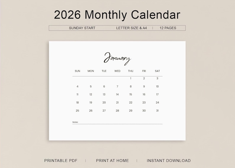 2026 Monthly Calendar Sunday Start Printable | A4 Letter PDF | 12 Pages ...