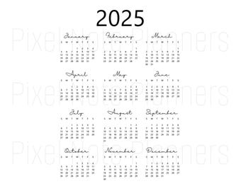 Calendar 2025 PNG Sublimation Calendar | Transparent Background | Monday & Sunday Start | Printable Calendar | Instant Download