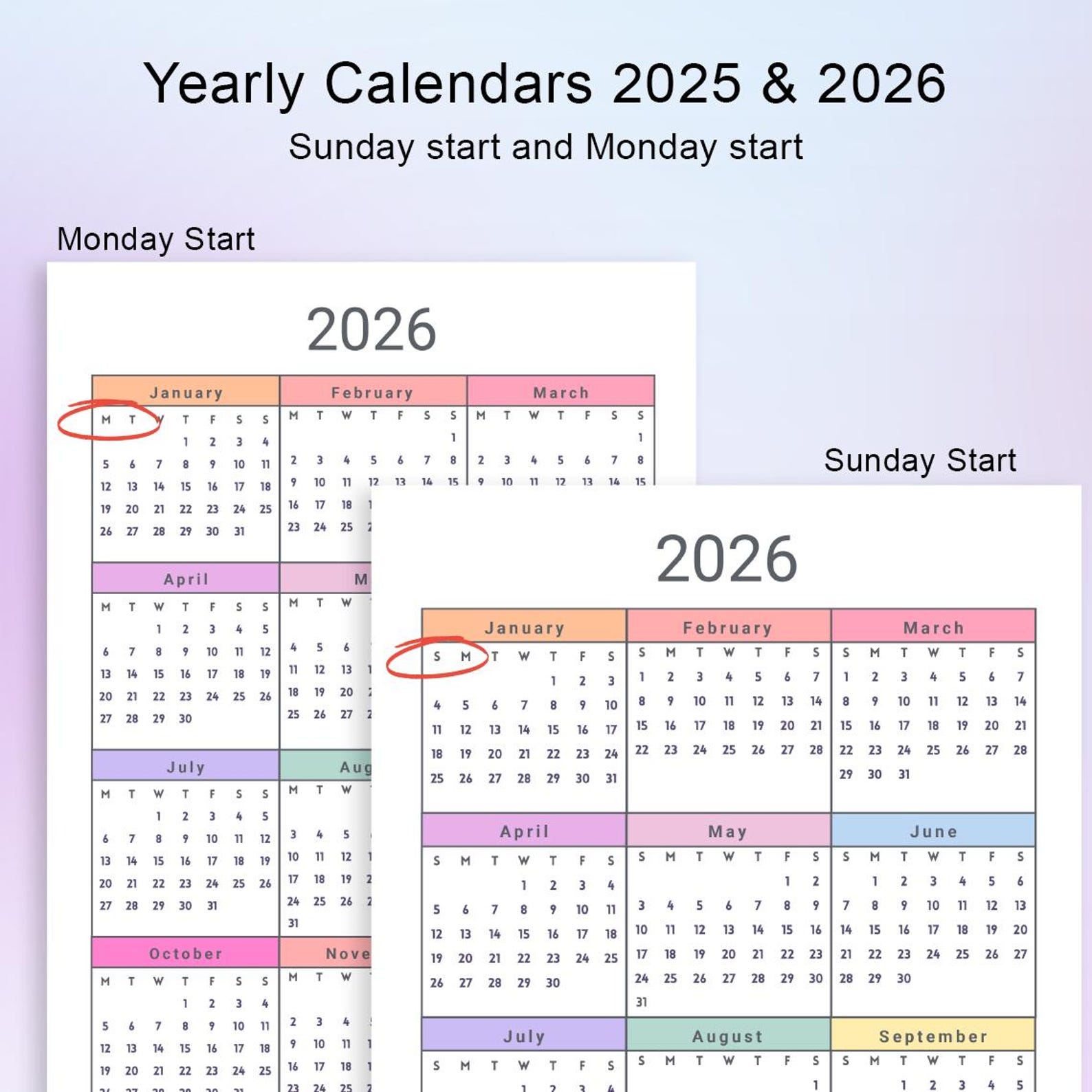 2025 2026 Colorful Yearly Calendar 2025 2026 A4 and Letter Formats