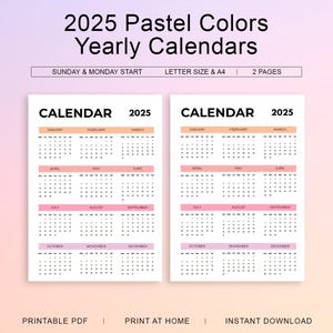 Calendario Anual 2025 en Colores Pastel - Tamaños A4 y Carta - Calendario con inicio en lunes y domingo - Planificador PDF - Descarga Digital