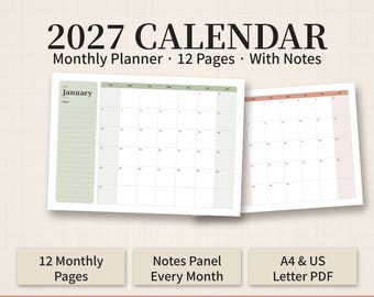 Könnte beinhalten: Ein 2027 Kalender Monatsplaner mit 12 Seiten und Notizen. Das Layout umfasst ein Datumsraster, ein spezielles Notizfeld und Kopfzeilen. Der Text enthält 2027 CALENDAR, Monthly Planner, 12 Pages, With Notes, 12 Monthly Pages, Notes Panel Every Month und A4 & US Letter PDF.