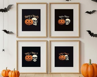 Pumpkin and Skeleton Halloween Wall Art Set of 4, Trick or Treat Print, Spooky Jack O Lantern Prints, Home Spooky Decor, Spooky Print