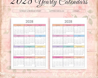 2028 Calendar Printable, Colorful Yearly Calendar, A4 & US Letter, Monday / Sunday Start, Year at a Glance PDF