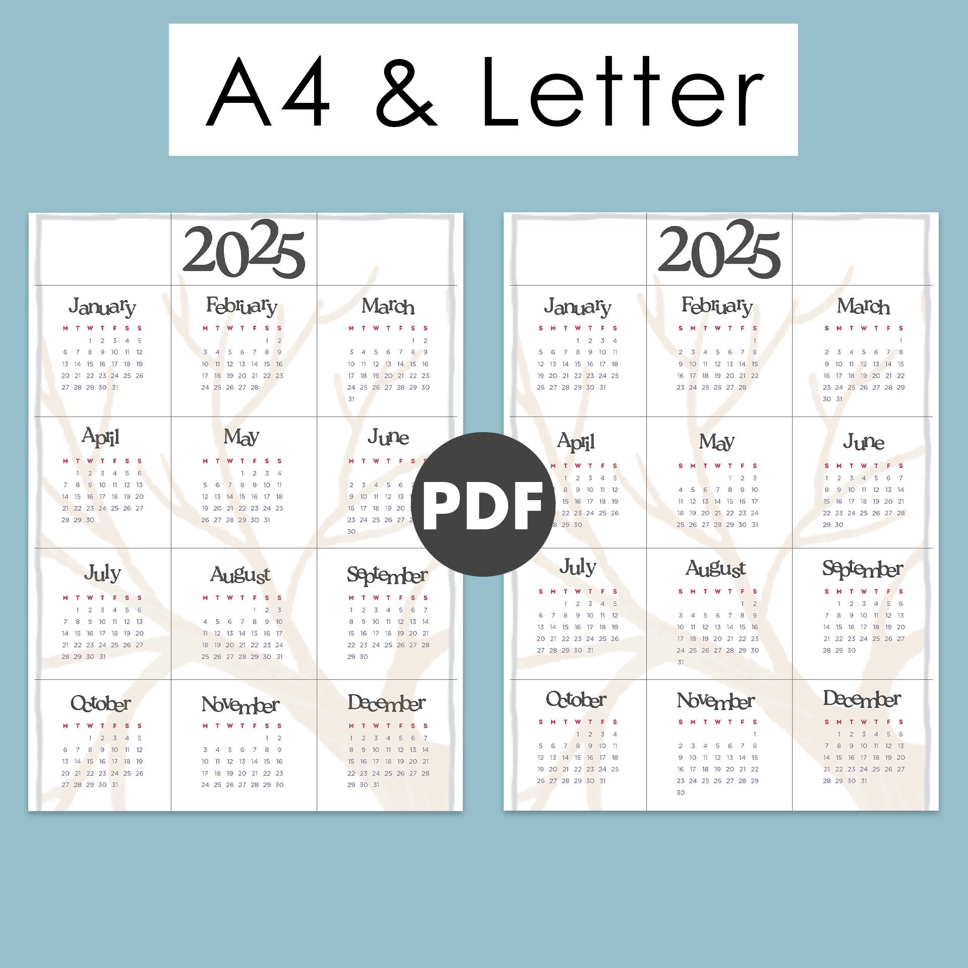 Calendar 2025 PDF Digital Download Monday & Sunday Start A4 and Letter Size Minimalist Design - Etsy