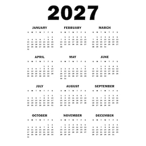 May include: A monochrome 2027 calendar. The year is shown at the top in a bold font. Months are arranged in rows, each with a grid of dates. The calendar is designed for easy viewing and planning.