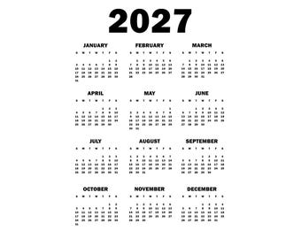 Fond transparent de calendrier png 2027, calendrier numérique minimaliste, début dimanche lundi, calendrier imprimable jpg