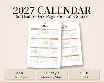 May include: A 2027 one-page calendar featuring twelve monthly grids with soft-toned rectangular headers in muted colors. The design includes a small sun icon above the year 2027. Text includes 2027 CALENDAR, Soft Boho, One Page, Year at a Glance, A4 & US Letter, Sunday & Monday Start, and 4 PDF Files.